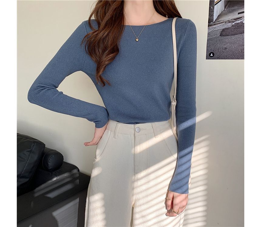 Top Knit Long-Sleeve Slim-Fit Plain