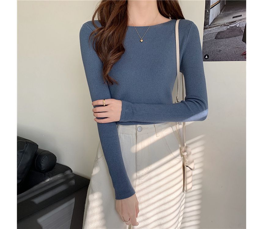 Top Knit Long-Sleeve Slim-Fit Plain