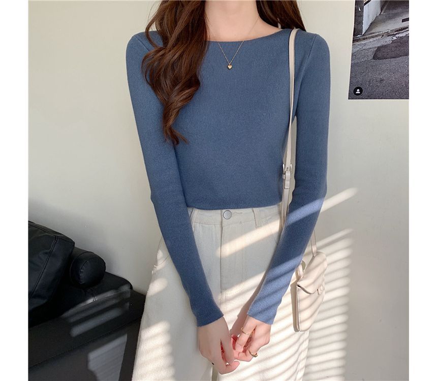 Top Knit Long-Sleeve Slim-Fit Plain