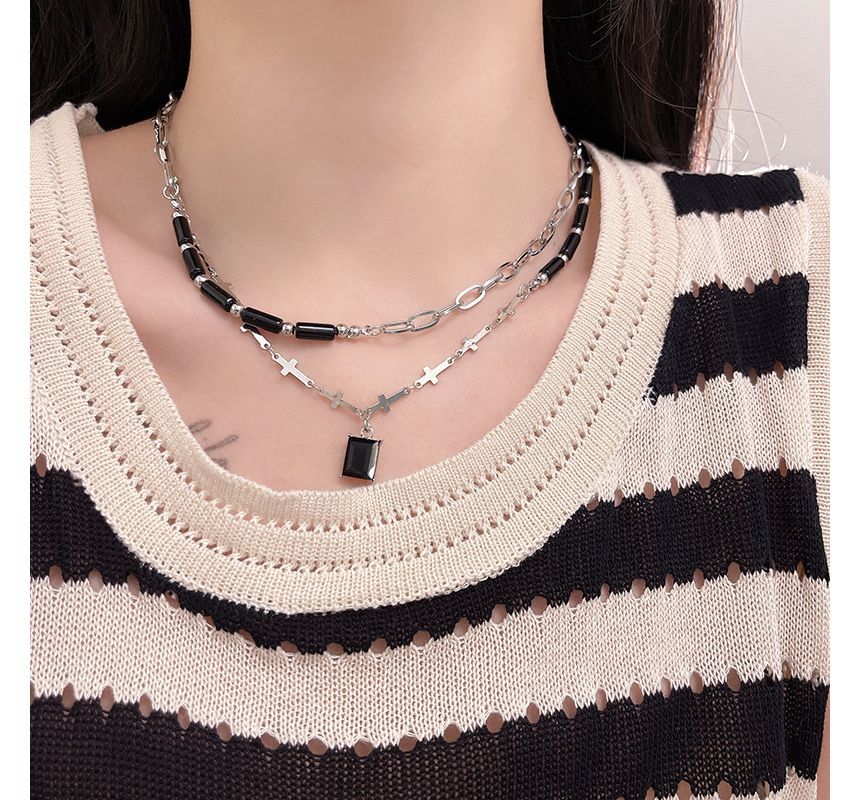 Layered Necklace Rhinestone Crisscross