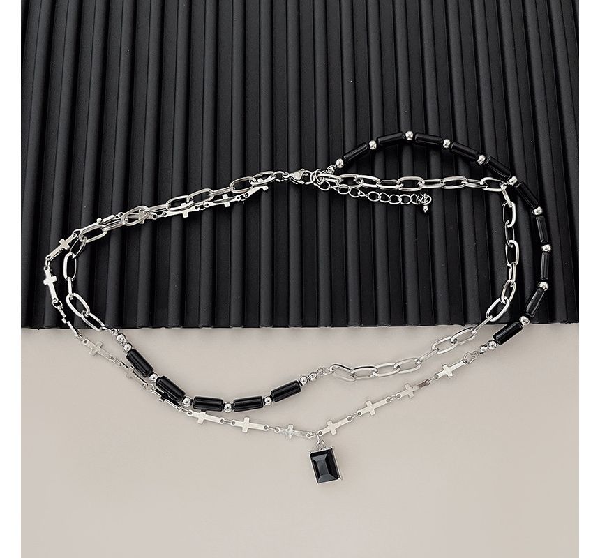 Layered Necklace Rhinestone Crisscross