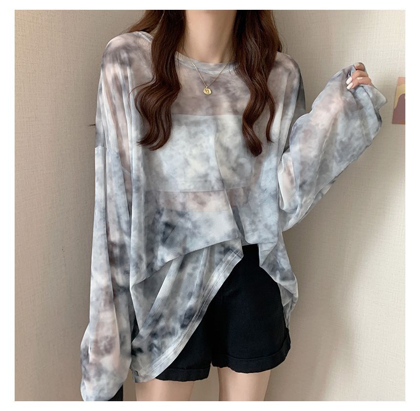 Neck Tee Long-Sleeve Dye Crew Mesh Oversized Tie