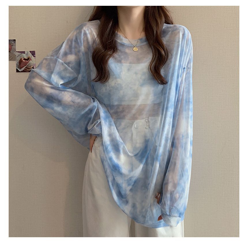 Neck Tee Long-Sleeve Dye Crew Mesh Oversized Tie