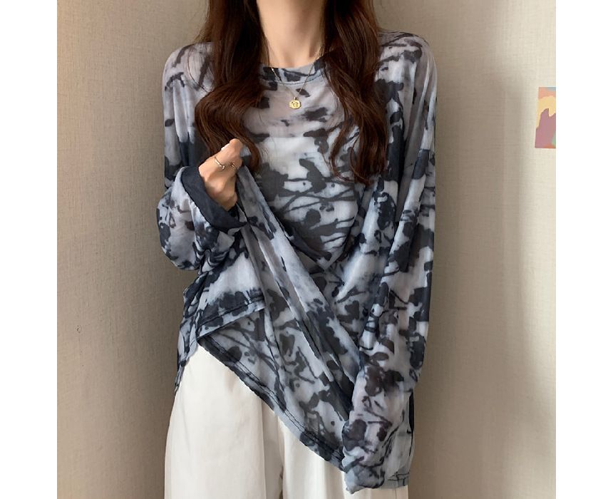 Neck Tee Long-Sleeve Dye Crew Mesh Oversized Tie