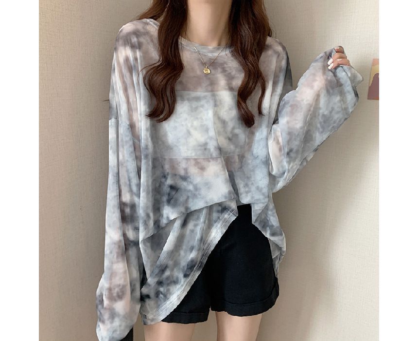 Neck Tee Long-Sleeve Dye Crew Mesh Oversized Tie