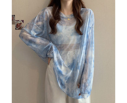 Neck Tee Long-Sleeve Dye Crew Mesh Oversized Tie