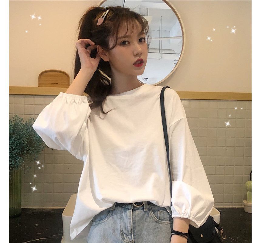 Oversized Neck Plain Round T-Shirt Long-Sleeve