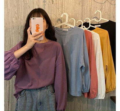 Oversized Neck Plain Round T-Shirt Long-Sleeve