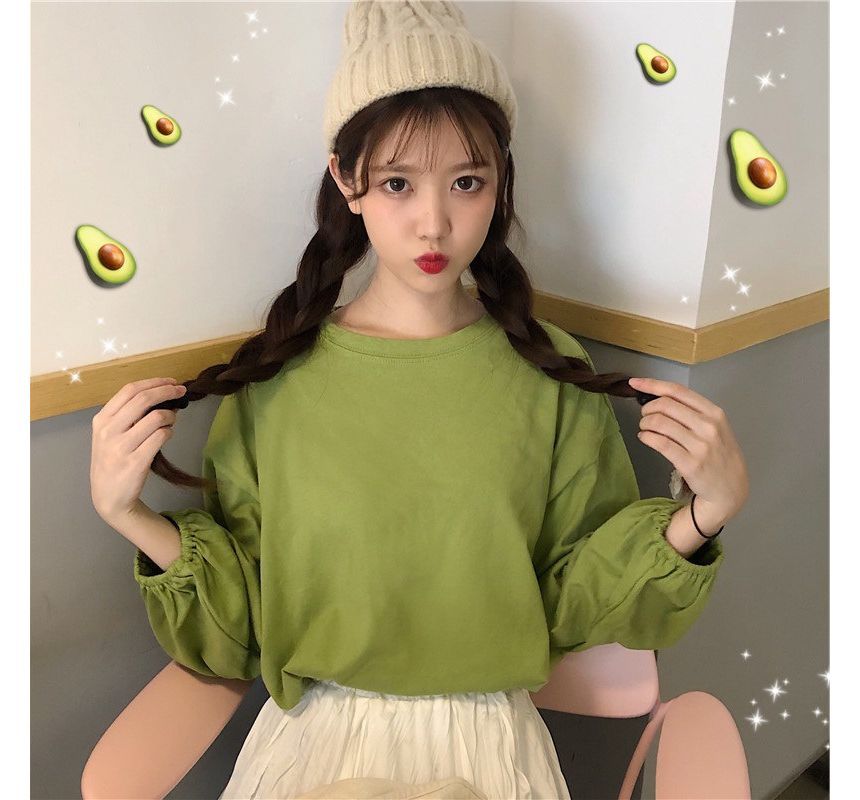 Oversized Neck Plain Round T-Shirt Long-Sleeve