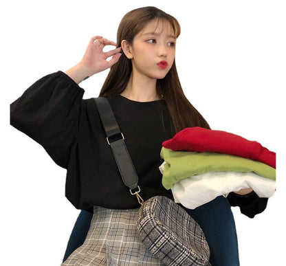 Oversized Neck Plain Round T-Shirt Long-Sleeve