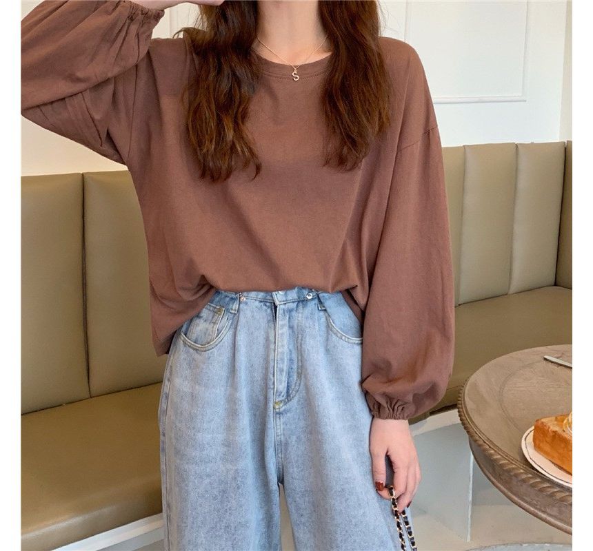 Oversized Neck Plain Round T-Shirt Long-Sleeve