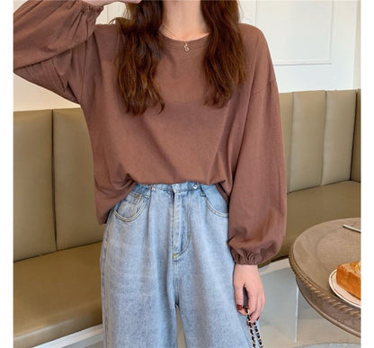Oversized Neck Plain Round T-Shirt Long-Sleeve
