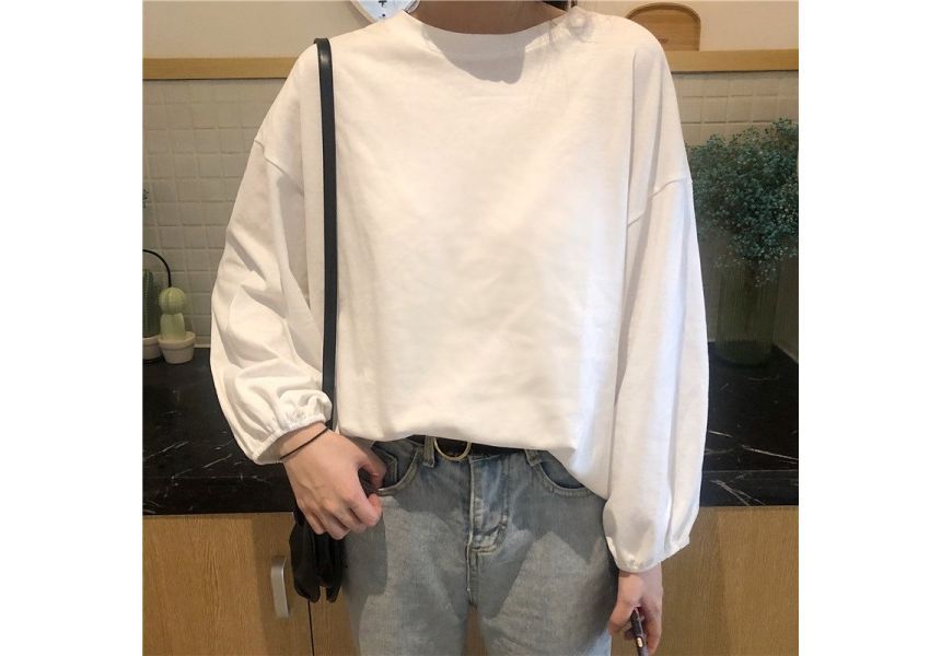 Oversized Neck Plain Round T-Shirt Long-Sleeve