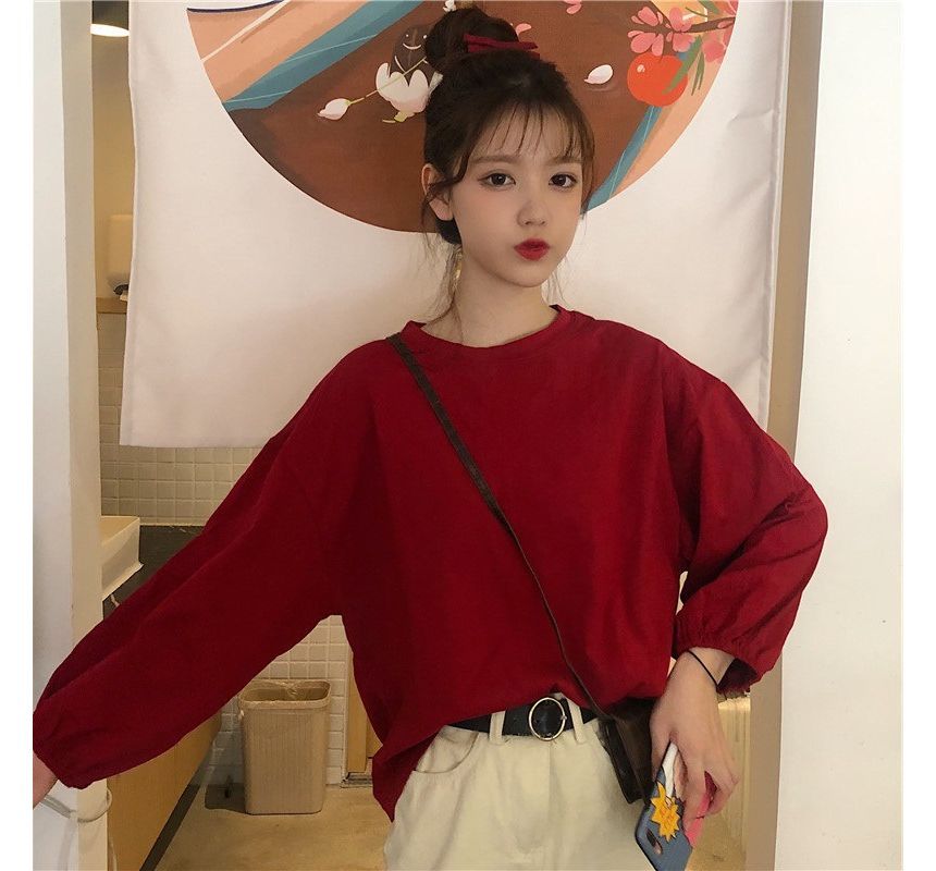 Oversized Neck Plain Round T-Shirt Long-Sleeve