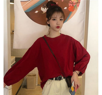 Oversized Neck Plain Round T-Shirt Long-Sleeve