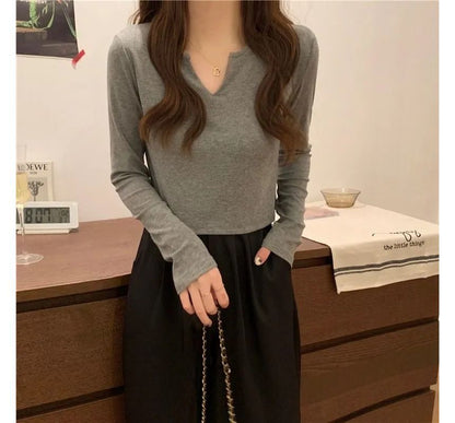 T-Shirt Notch Long-Sleeve Neck Plain