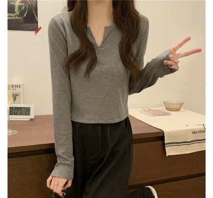 T-Shirt Notch Long-Sleeve Neck Plain