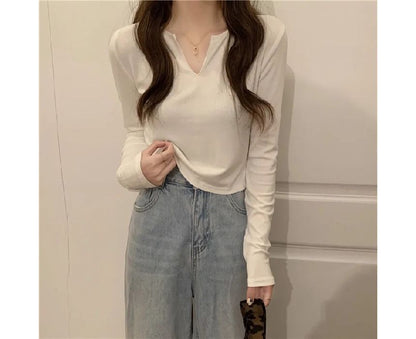 T-Shirt Notch Long-Sleeve Neck Plain