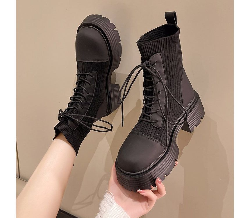 Panel Boots Platform Faux Short Knit Lace-Up Leather
