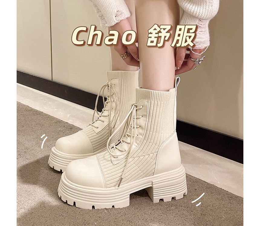 Panel Boots Platform Faux Short Knit Lace-Up Leather