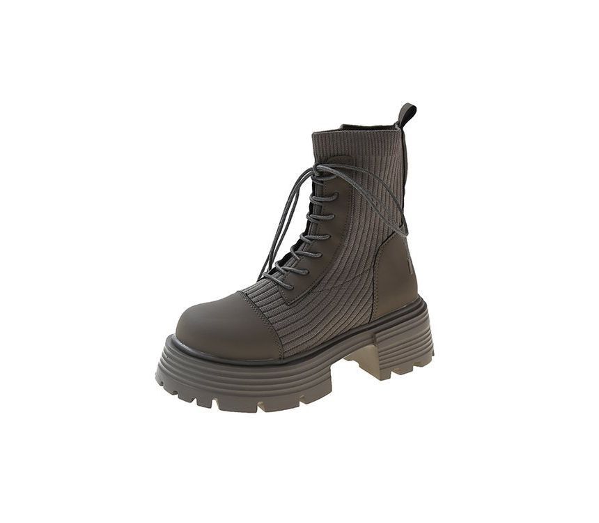 Panel Boots Platform Faux Short Knit Lace-Up Leather