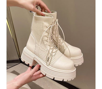 Panel Boots Platform Faux Short Knit Lace-Up Leather