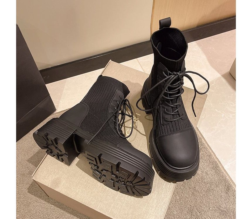 Panel Boots Platform Faux Short Knit Lace-Up Leather