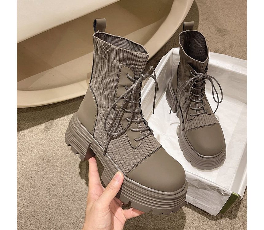 Panel Boots Platform Faux Short Knit Lace-Up Leather