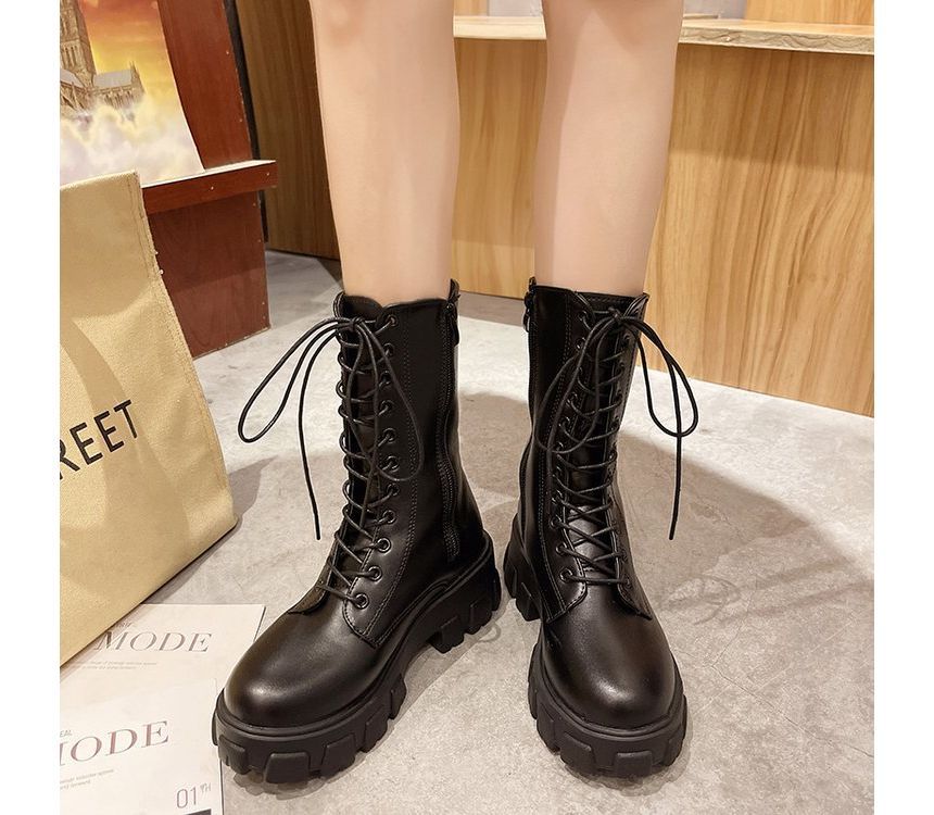 Short Boots Leather Faux Lace-Up Platform