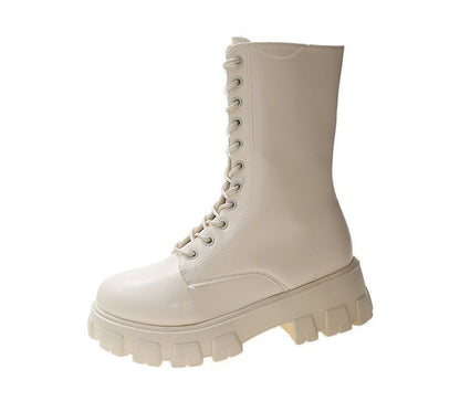 Short Boots Leather Faux Lace-Up Platform