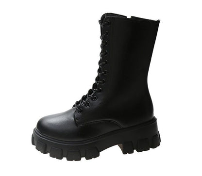 Short Boots Leather Faux Lace-Up Platform