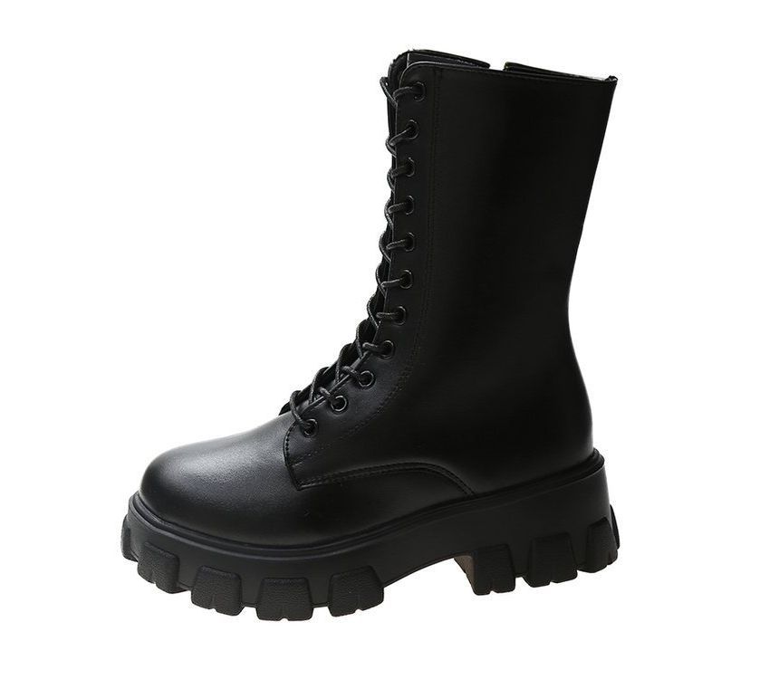 Short Boots Leather Faux Lace-Up Platform