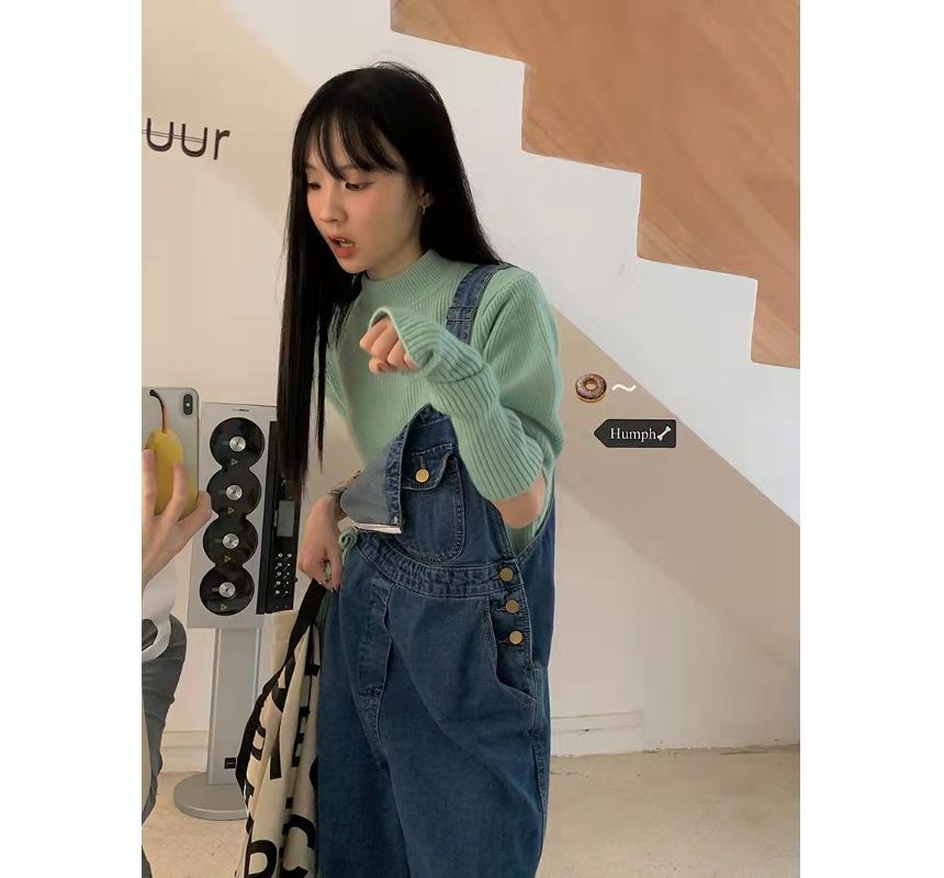 Puff-Sleeve Mock Neck Plain Knit Top / Arm Sleeves / Denim Overalls / Set