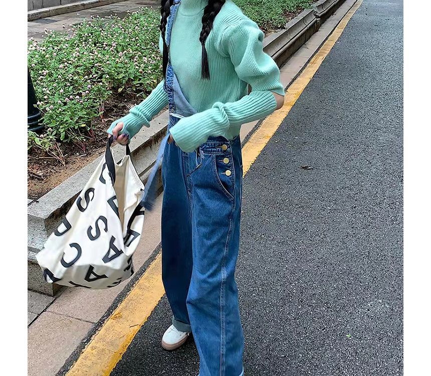 Puff-Sleeve Mock Neck Plain Knit Top / Arm Sleeves / Denim Overalls / Set