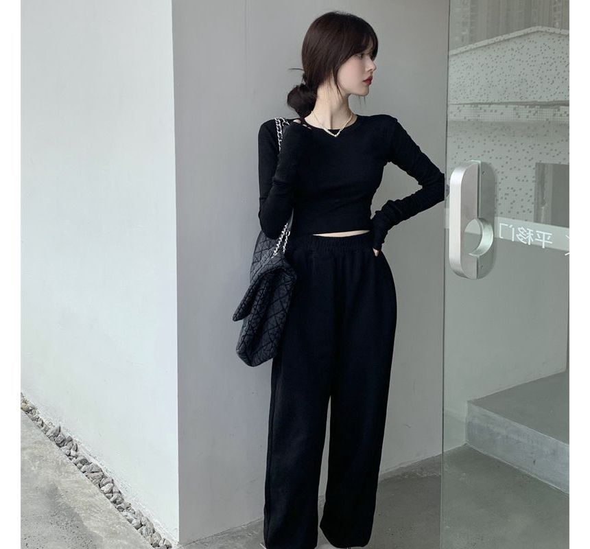 Neck Long-Sleeve Slim Round Crop Tee Fit Plain