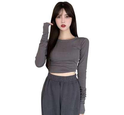 Neck Long-Sleeve Slim Round Crop Tee Fit Plain