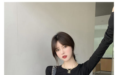 Neck Long-Sleeve Slim Round Crop Tee Fit Plain