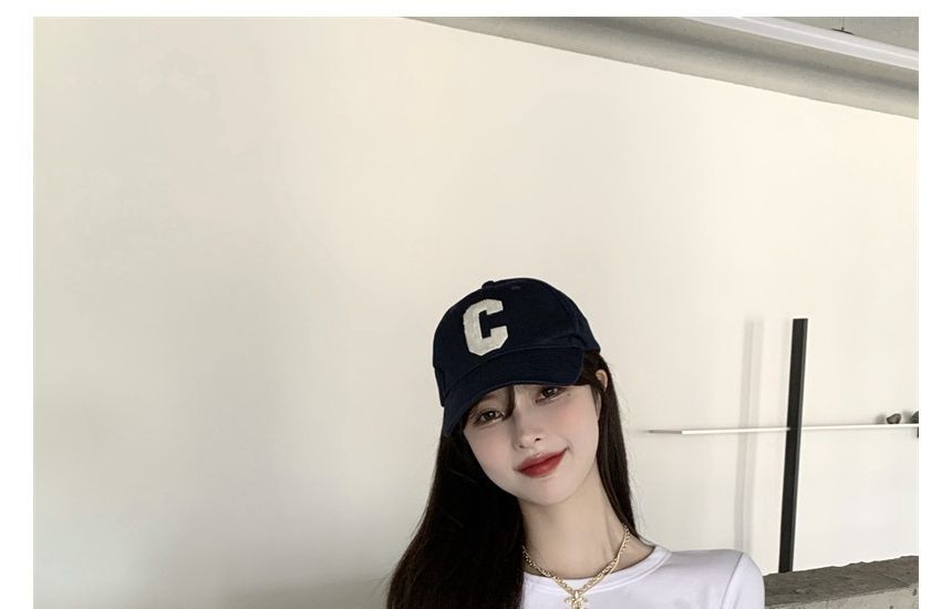 Neck Long-Sleeve Slim Round Crop Tee Fit Plain