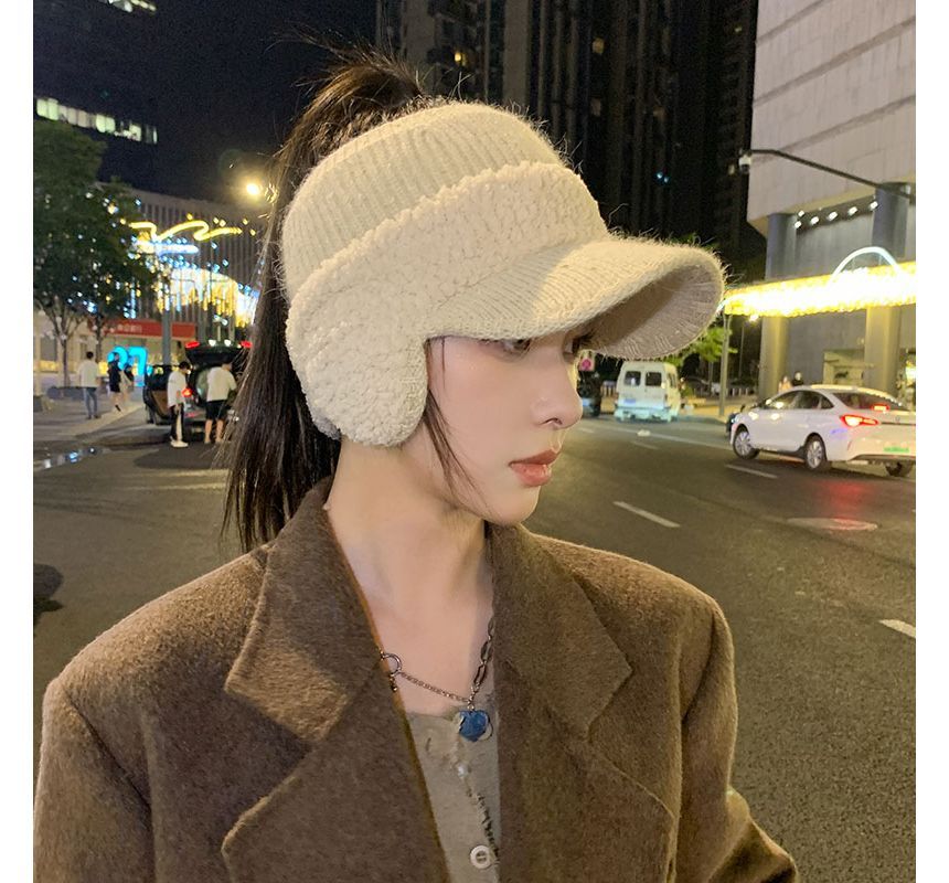 Hat Shearling Visor Knit Lettering Panel Faux