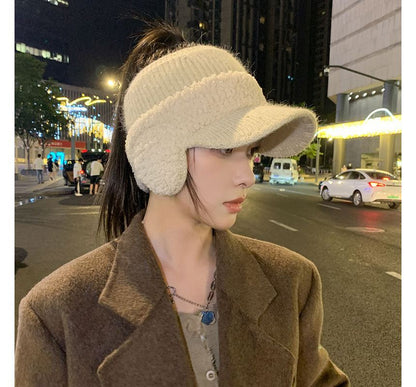 Hat Shearling Visor Knit Lettering Panel Faux