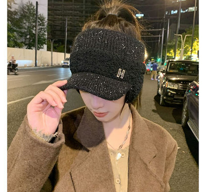 Hat Shearling Visor Knit Lettering Panel Faux