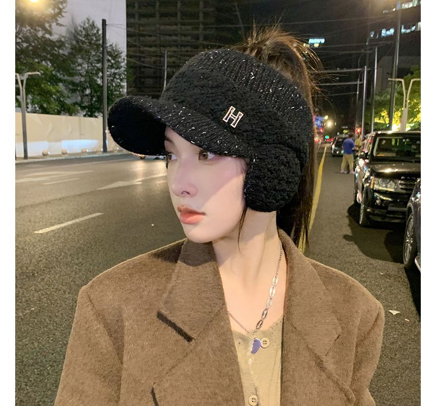 Hat Shearling Visor Knit Lettering Panel Faux