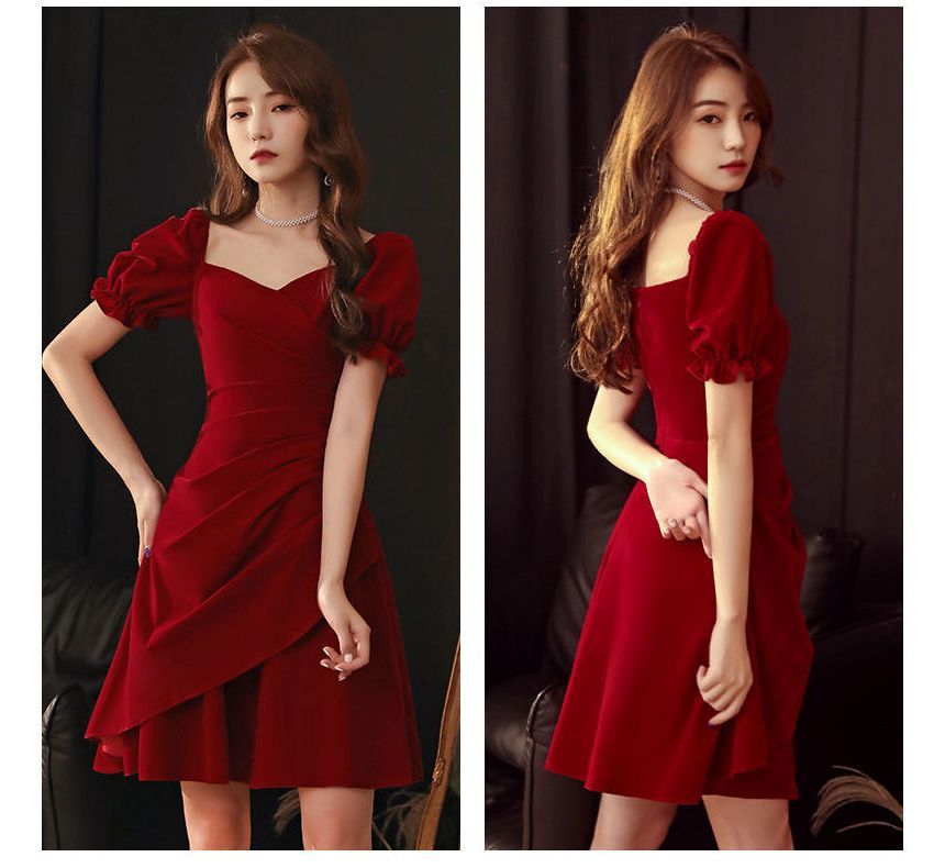 Short-Sleeve Asymmetric Ruched Plain Dress