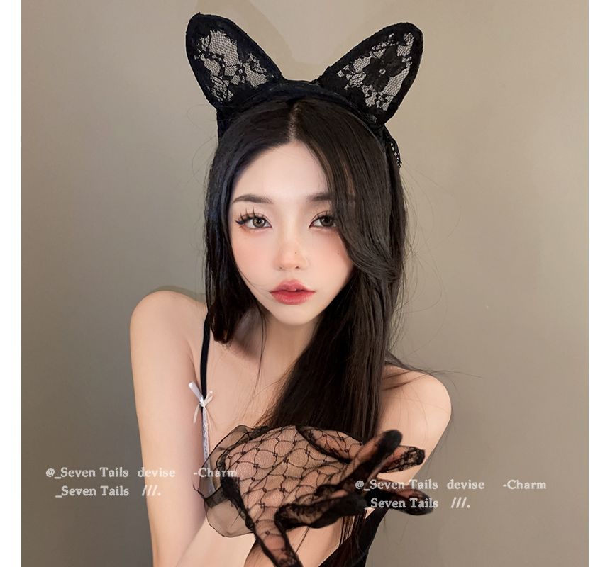 Bandeau en dentelle avec oreilles de chat et voile/gants/ensemble