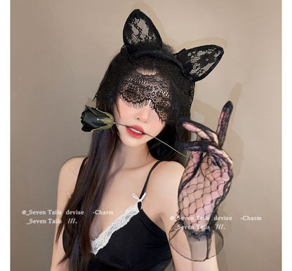 Bandeau en dentelle avec oreilles de chat et voile/gants/ensemble