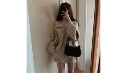 Crew Neck Button Cable Knit Sweater