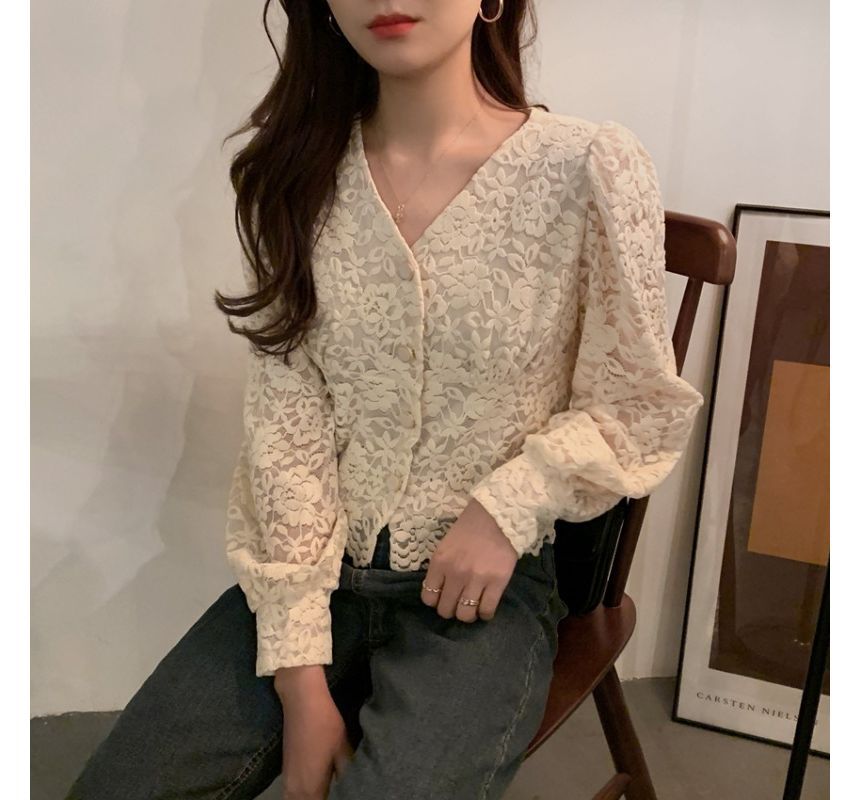 Long-Sleeve V-Neck Lace Cropped Blouse