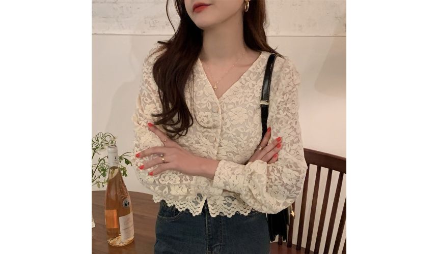 Long-Sleeve V-Neck Lace Cropped Blouse