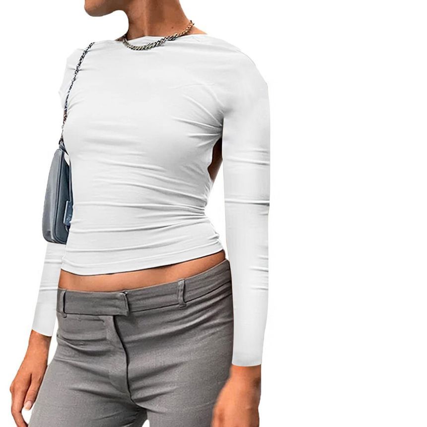 Way Plain Crop Long-Sleeve Boat T-Shirt Neck Backless Two