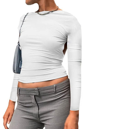 Way Plain Crop Long-Sleeve Boat T-Shirt Neck Backless Two